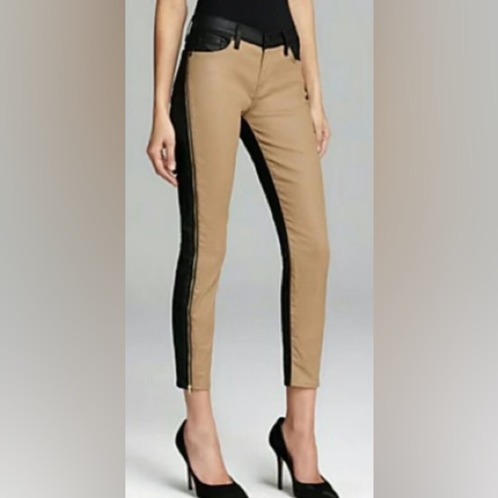 7 FAM The Cropped Skinny Waxed Coated Two Tone Jeans Zip Leg
